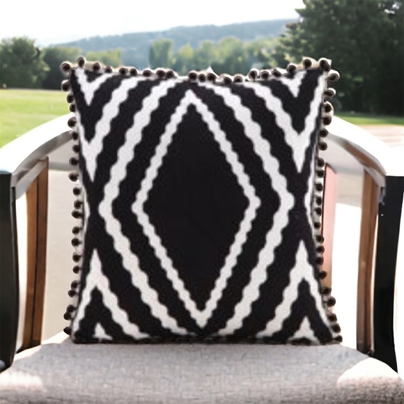 BLACK AND WHITE GEOMETRIC PRINT POM ACCEMT TOSS THROW PILLOW COVER - Picture 4 of 5